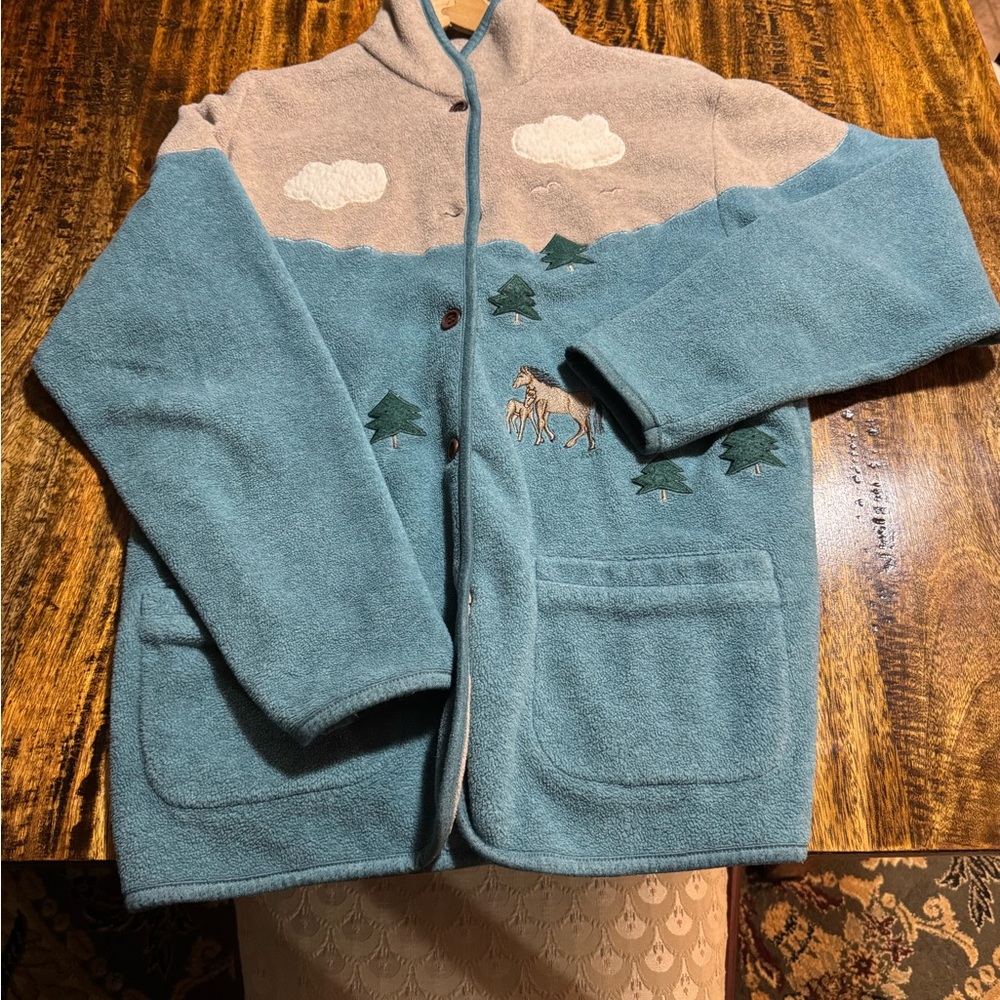 Northern Reflections Blue and Gray Pea Coat with Whimsical Cloud Design